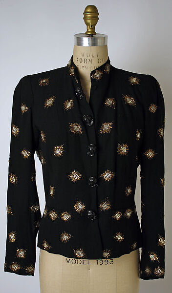 Evening jacket, Elsa Schiaparelli (Italian, 1890–1973), rayon, metallic thread, plastic (cellulose nitrate, phenolic resin), French
