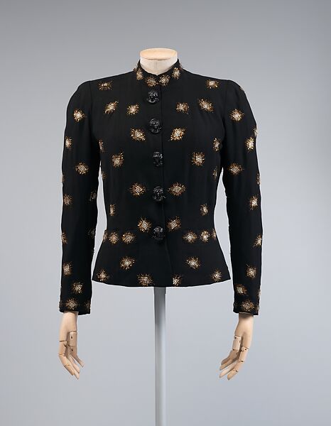 Evening jacket, Elsa Schiaparelli (Italian, 1890–1973), rayon, metallic thread, plastic (cellulose nitrate, phenolic resin), French 