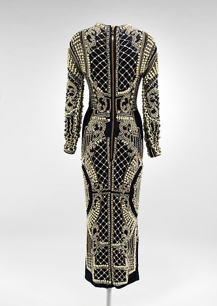 Dress, House of Balmain (French, founded 1945), silk-synthetic, pearls, crystals, metallic beads, French