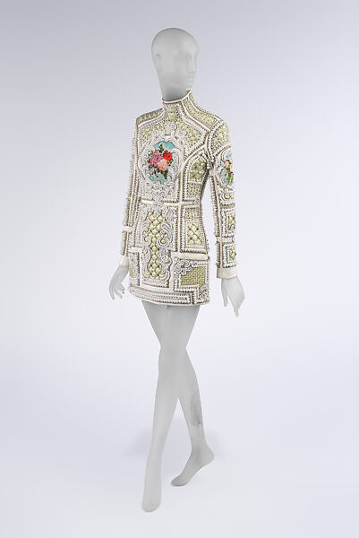 Dress, House of Balmain (French, founded 1945), leather, glass, plastic, silk, cotton, metal, French