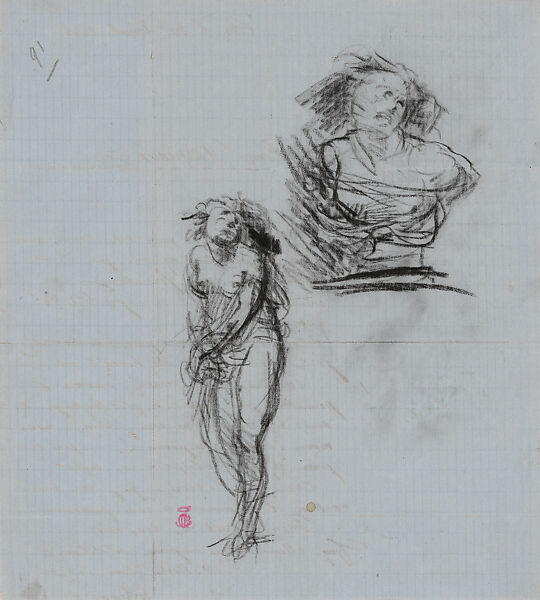 Sketch Relating to “Why Born Enslaved!” (recto), Jean-Baptiste Carpeaux (French, Valenciennes 1827–1875 Courbevoie), Black crayon on blue grid paper, French 