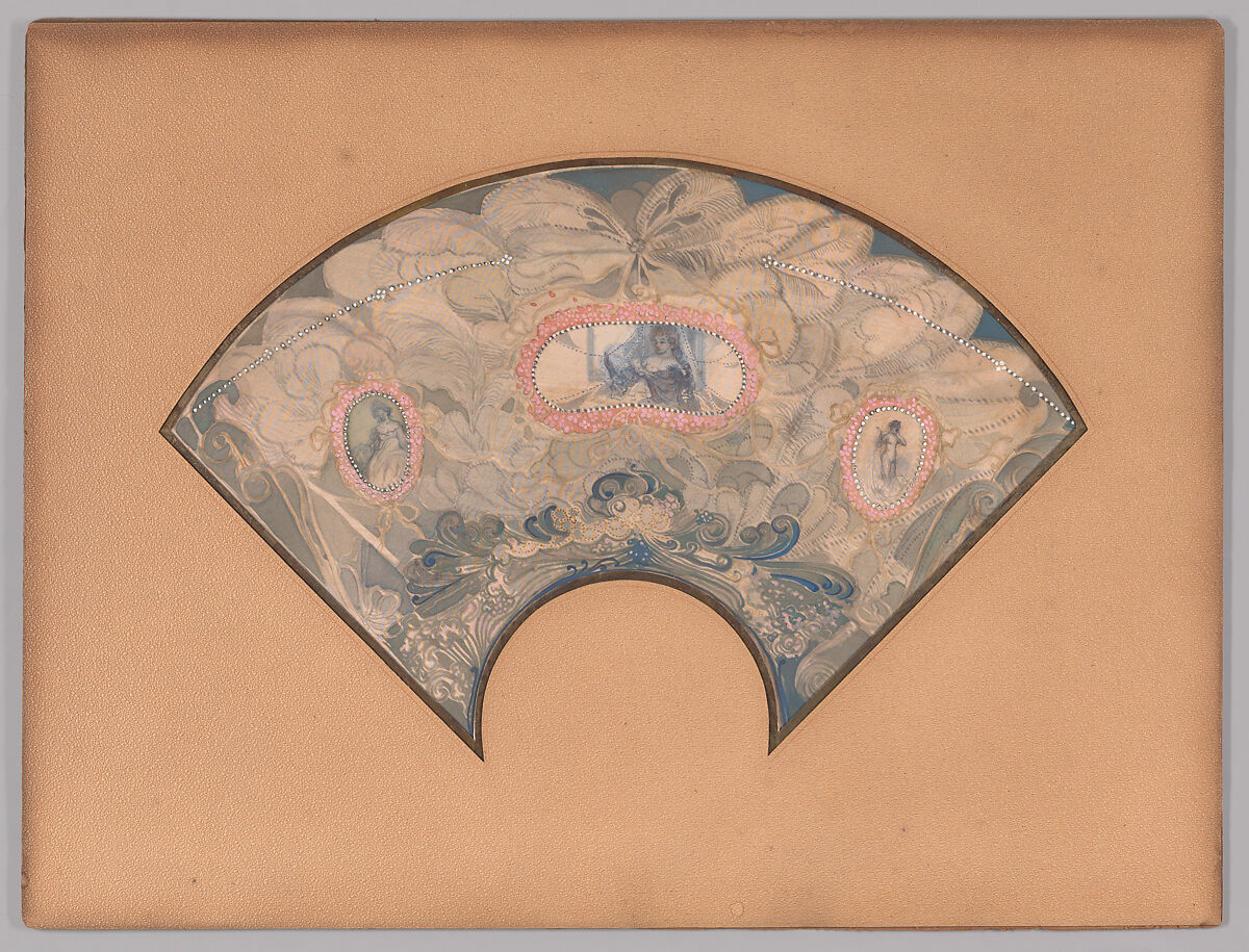 Painted fan with a design of feathers and three medallions, Charles Edward Conder (British, London 1868–1909 Virginia Water, Surrey), Watercolor on silk with white gouache heightening 