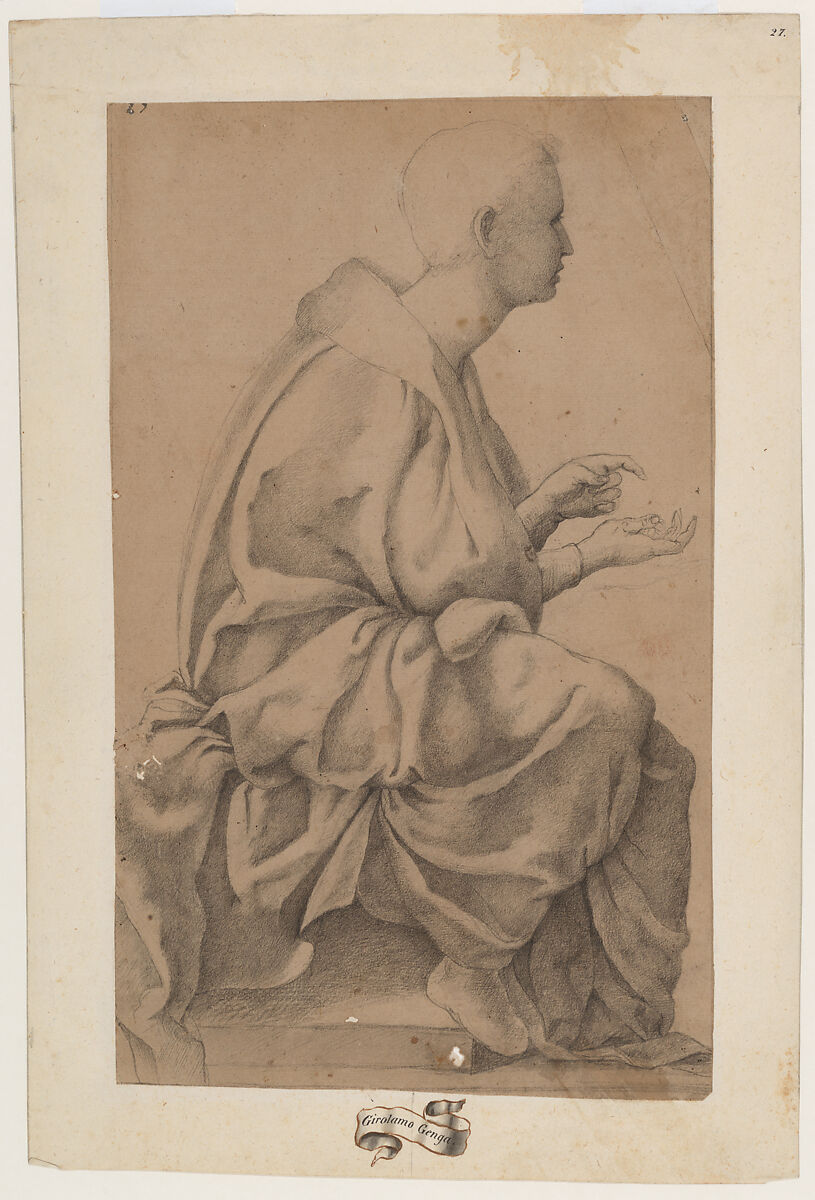 Study for a seated draped figure, Girolamo Genga (Italian, Urbino (?) 1467–1551 near Urbino), Black chalk 