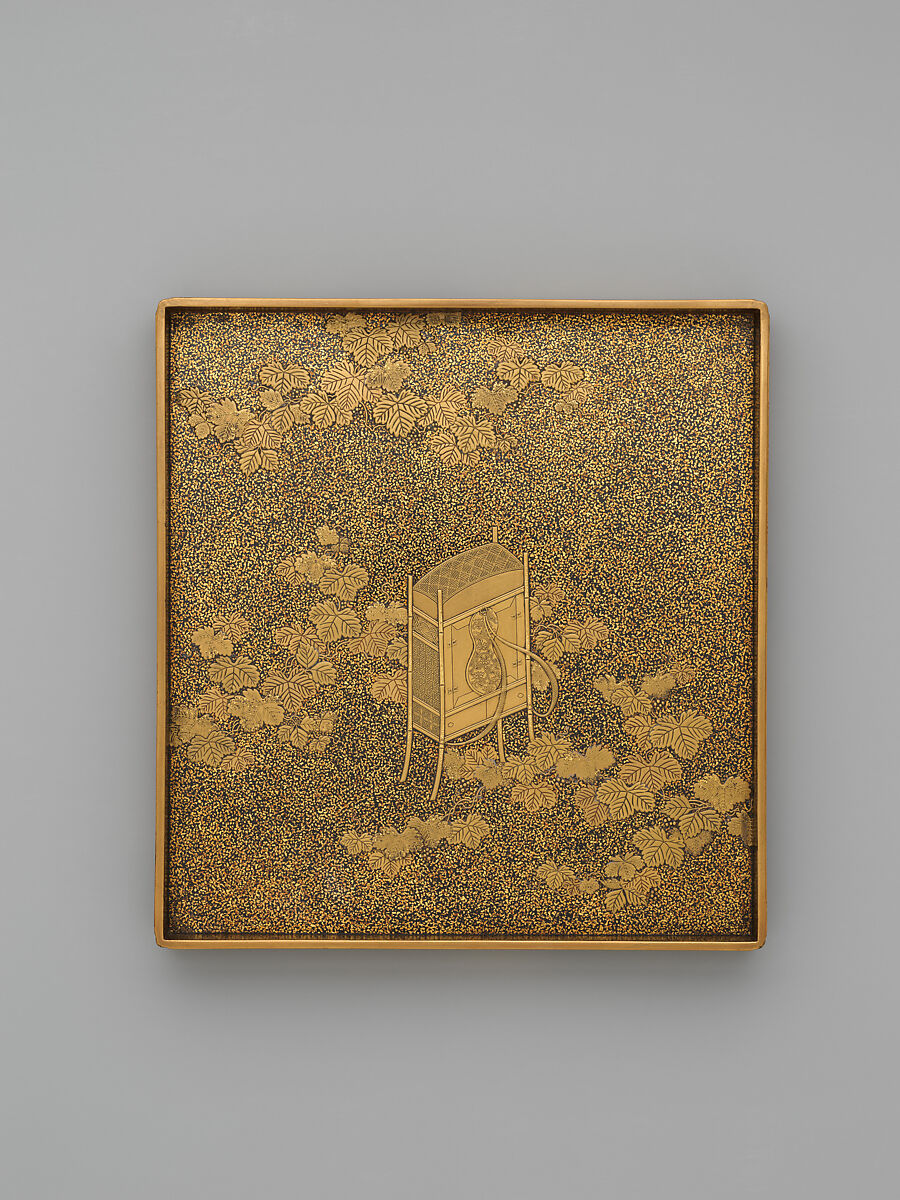 Writing box and desk with scenes from The Tales of Ise (Ise monogatari), Lacquered wood with gold, silver takamaki-e, hiramaki-e, togidashimaki-e, cut-out gold foil on gold and nashiji ground, silver fittings, Japan