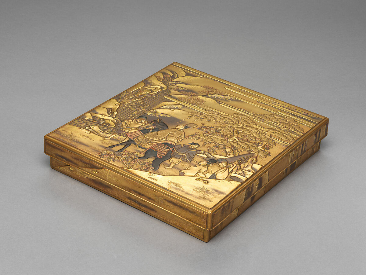 Writing box and desk with scenes from The Tales of Ise (Ise monogatari), Lacquered wood with gold, silver takamaki-e, hiramaki-e, togidashimaki-e, cut-out gold foil on gold and nashiji ground, silver fittings, Japan