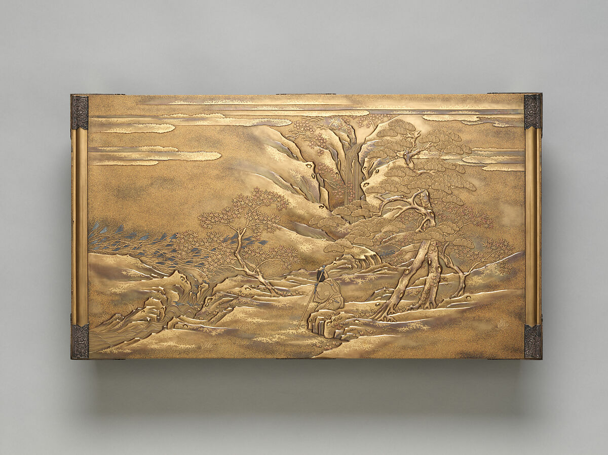 Writing box and desk with scenes from The Tales of Ise (Ise monogatari), Lacquered wood with gold, silver takamaki-e, hiramaki-e, togidashimaki-e, cut-out gold foil on gold and nashiji ground, silver fittings, Japan