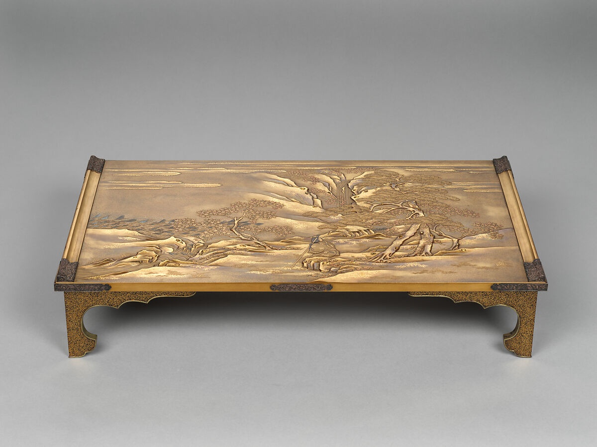 Writing box and desk with scenes from The Tales of Ise (Ise monogatari), Lacquered wood with gold, silver takamaki-e, hiramaki-e, togidashimaki-e, cut-out gold foil on gold and nashiji ground, silver fittings, Japan