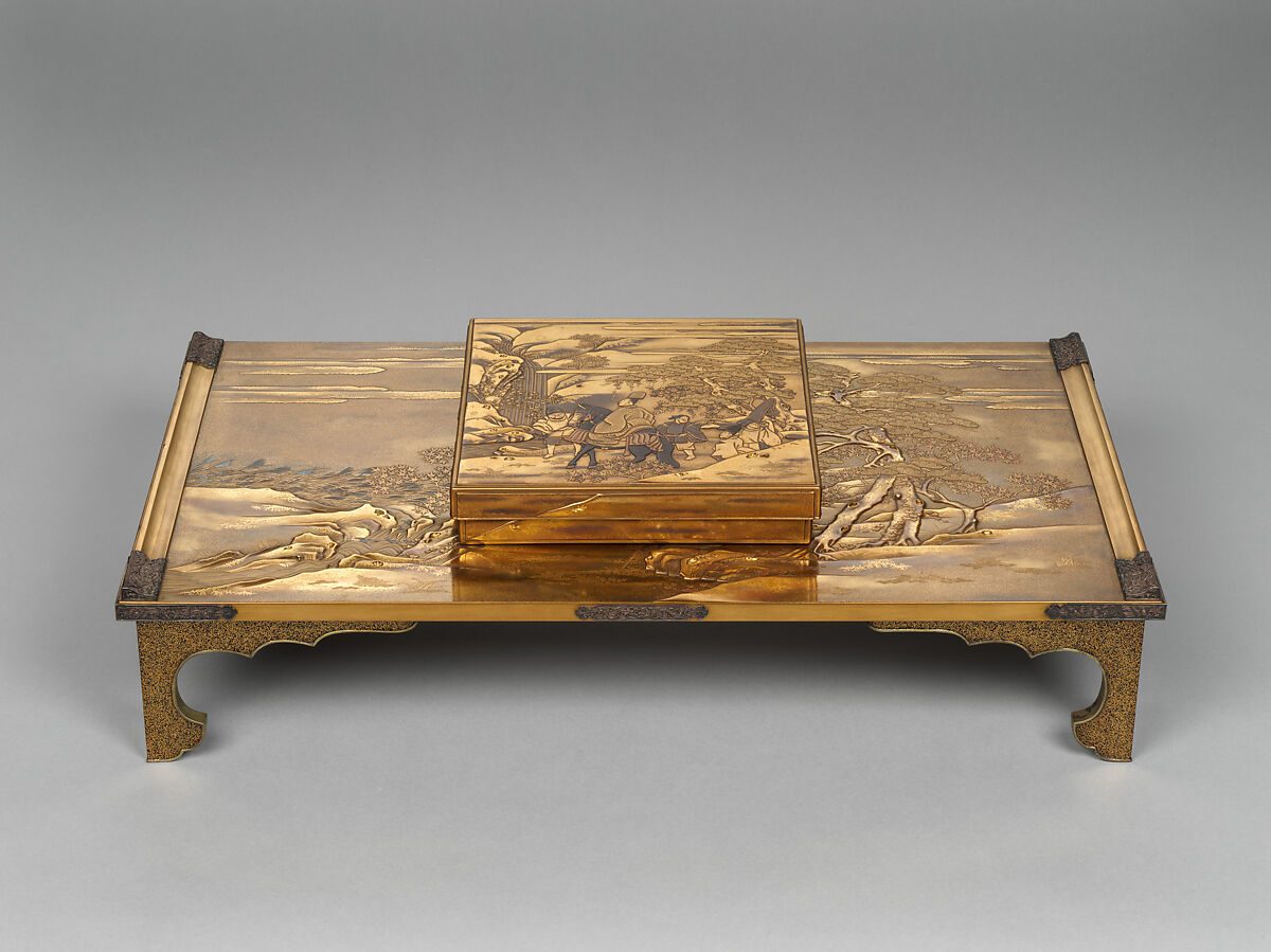 Writing box and desk with scenes from The Tales of Ise (Ise monogatari), Lacquered wood with gold, silver takamaki-e, hiramaki-e, togidashimaki-e, cut-out gold foil on gold and nashiji ground, silver fittings, Japan 
