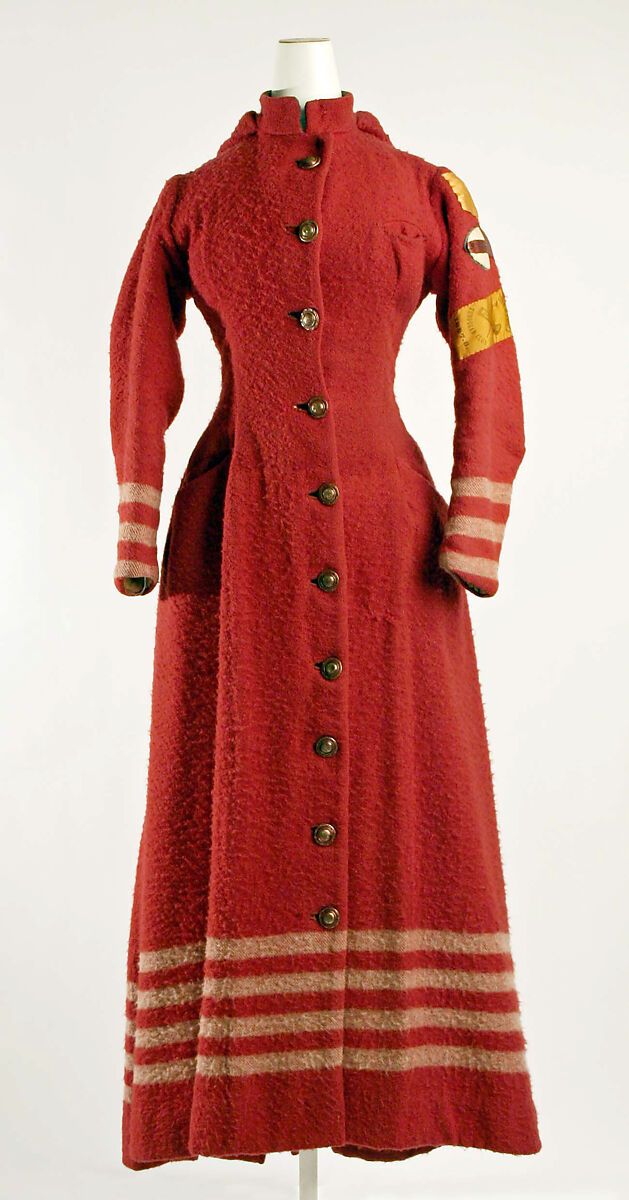 Tobogganing coat, wool, silk, cotton, brass, American 