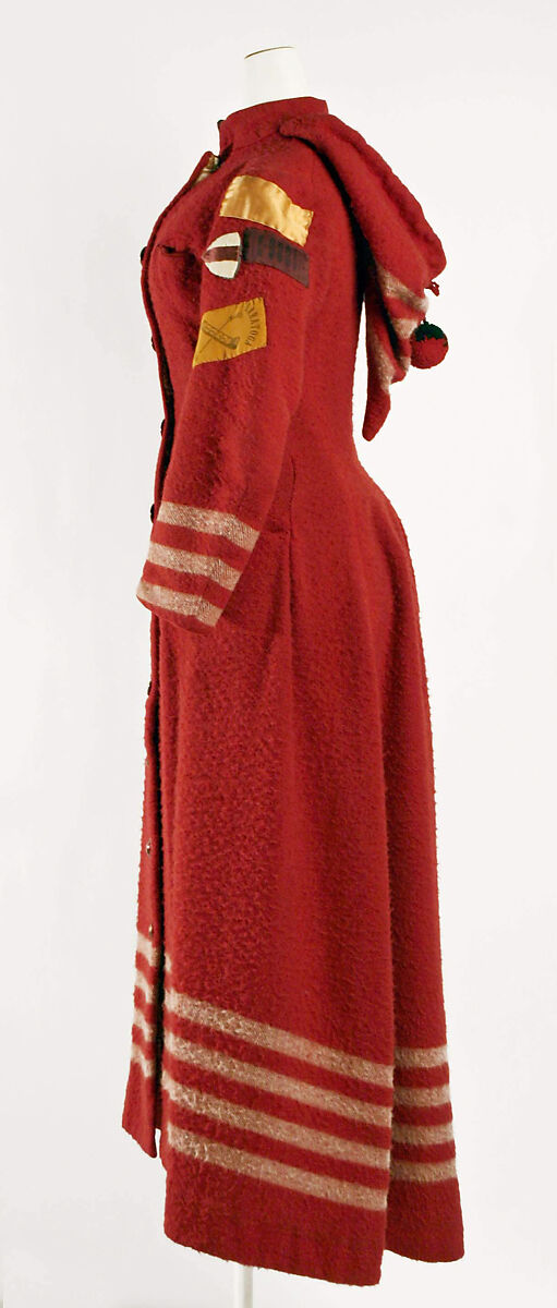 Tobogganing coat, wool, silk, cotton, brass, American