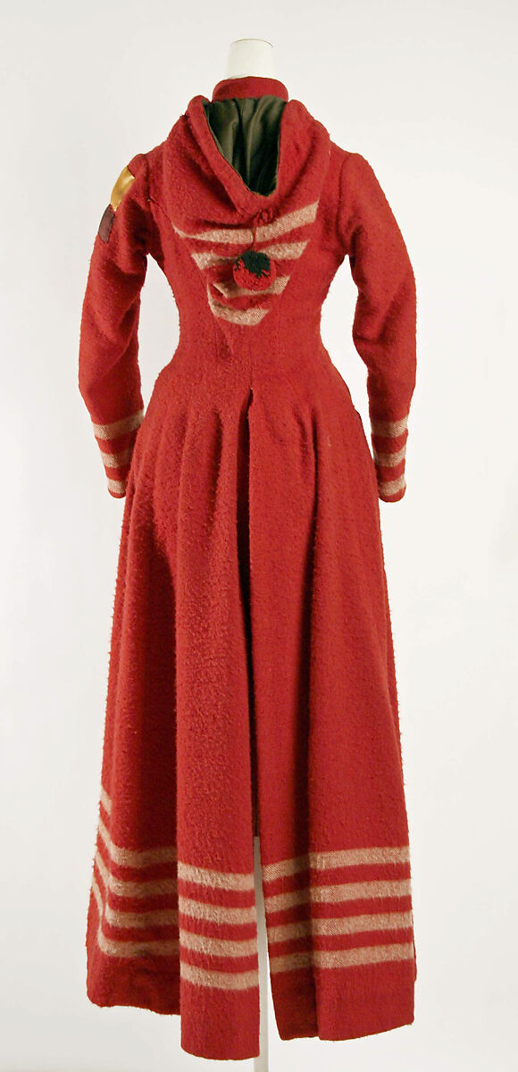 Tobogganing coat, wool, silk, cotton, brass, American