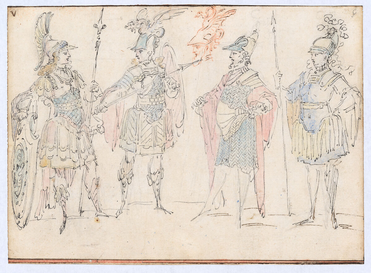 Four Actors in Heroic Costume, with a Study of a Helmeted Head, Claude Gillot (French, Langres 1673–1722 Paris), Watercolor, pen and black ink, red chalk, and traces of black chalk 