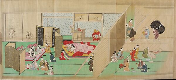 A Visit to the Yoshiwara, Hishikawa Moronobu 菱川師宣 (Japanese, 1618–1694), Handscroll; ink, color, and gold on paper, Japan 