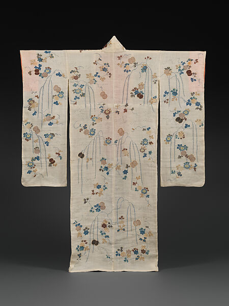 Summer Robe (Katabira) with Kemari Balls and Willow, Plain-weave ramie with paste-resist dyeing, stencil-dyed dots (suri-bitta), hand-painted details, and couched gold thread, Japan 