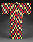 Meisen kimono with checkered pattern, Plain-weave machine-spun silk in resist-dyed large ikat (ōgasuri), Japan