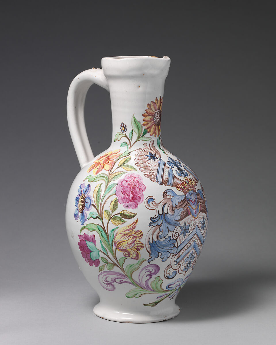 Jug with coat-of-arms of the Cleminius Family, Abraham Helmhack (1654–1724)  , active Nuremberg, Tin-glazed earthenware, German, Frankfurt with Nuremburg decoration