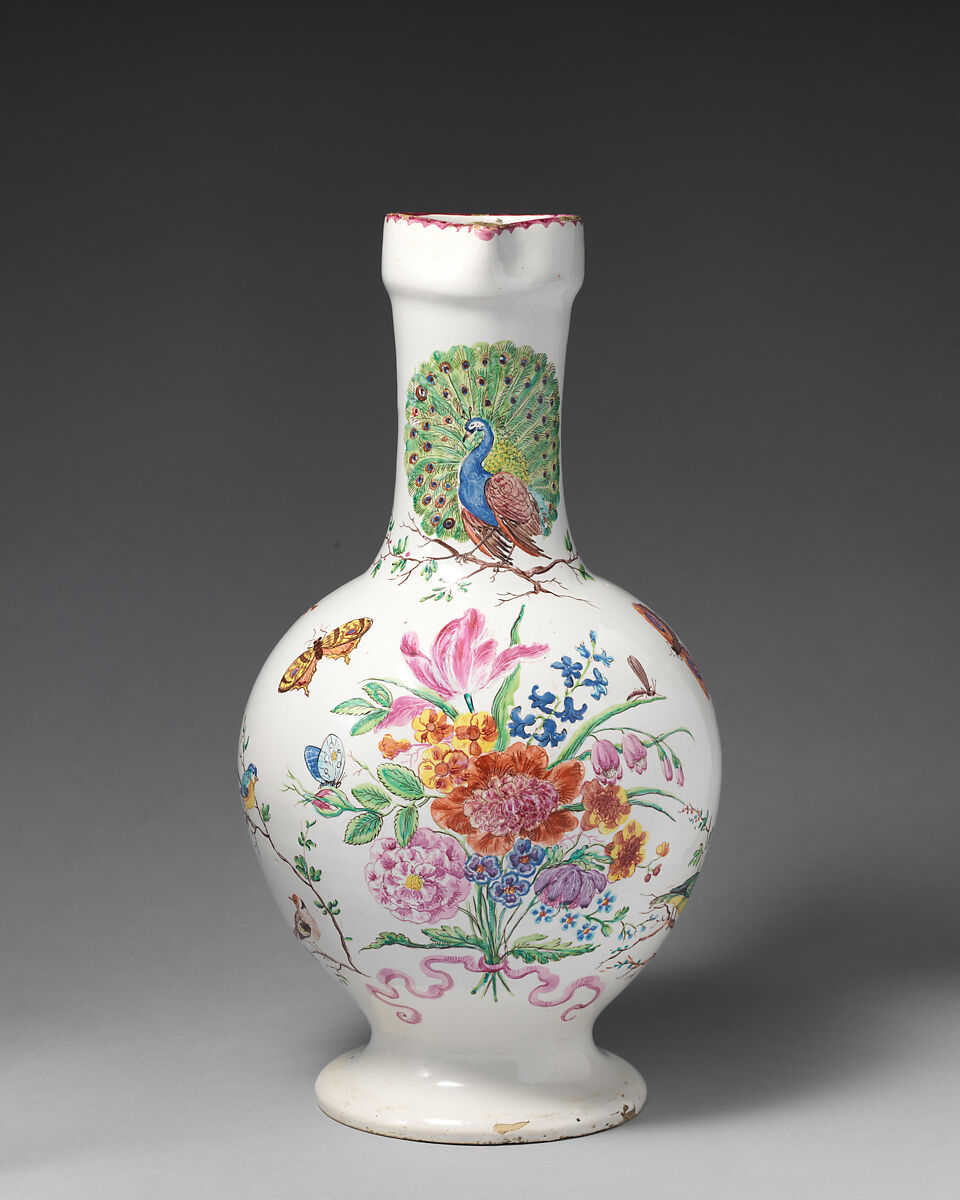 Jug with flowers and peacock, Bartholomäus Seuter (German, 1678–1754, active Augsburg), Tin-glazed earthenware, German with German, Augsburg decoration 