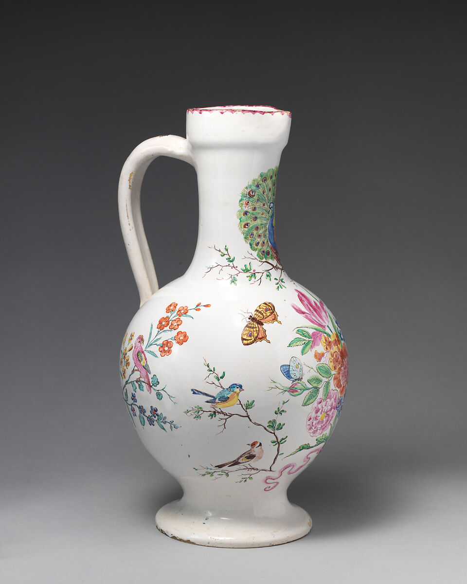 Jug with flowers and peacock, Bartholomäus Seuter (German, 1678–1754, active Augsburg), Tin-glazed earthenware, German with German, Augsburg decoration