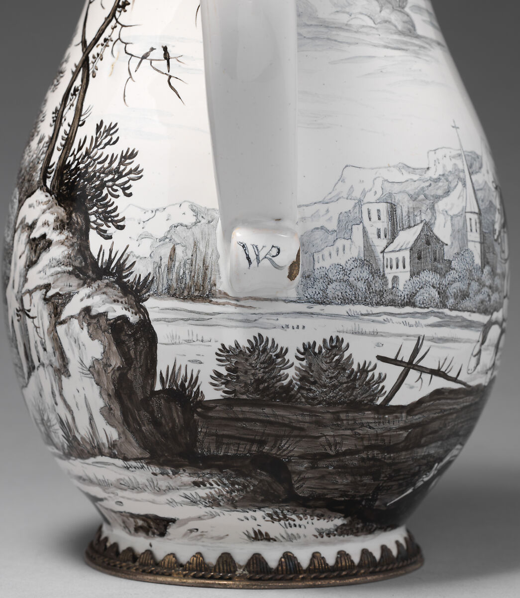 Jug with cavalry scene, Wölfgang Rössler (German, 1650–1717, active Nuremburg), Tin-glazed earthenware; gilded silver mounts, German, with Nuremburg decoration and Augsburg mounts