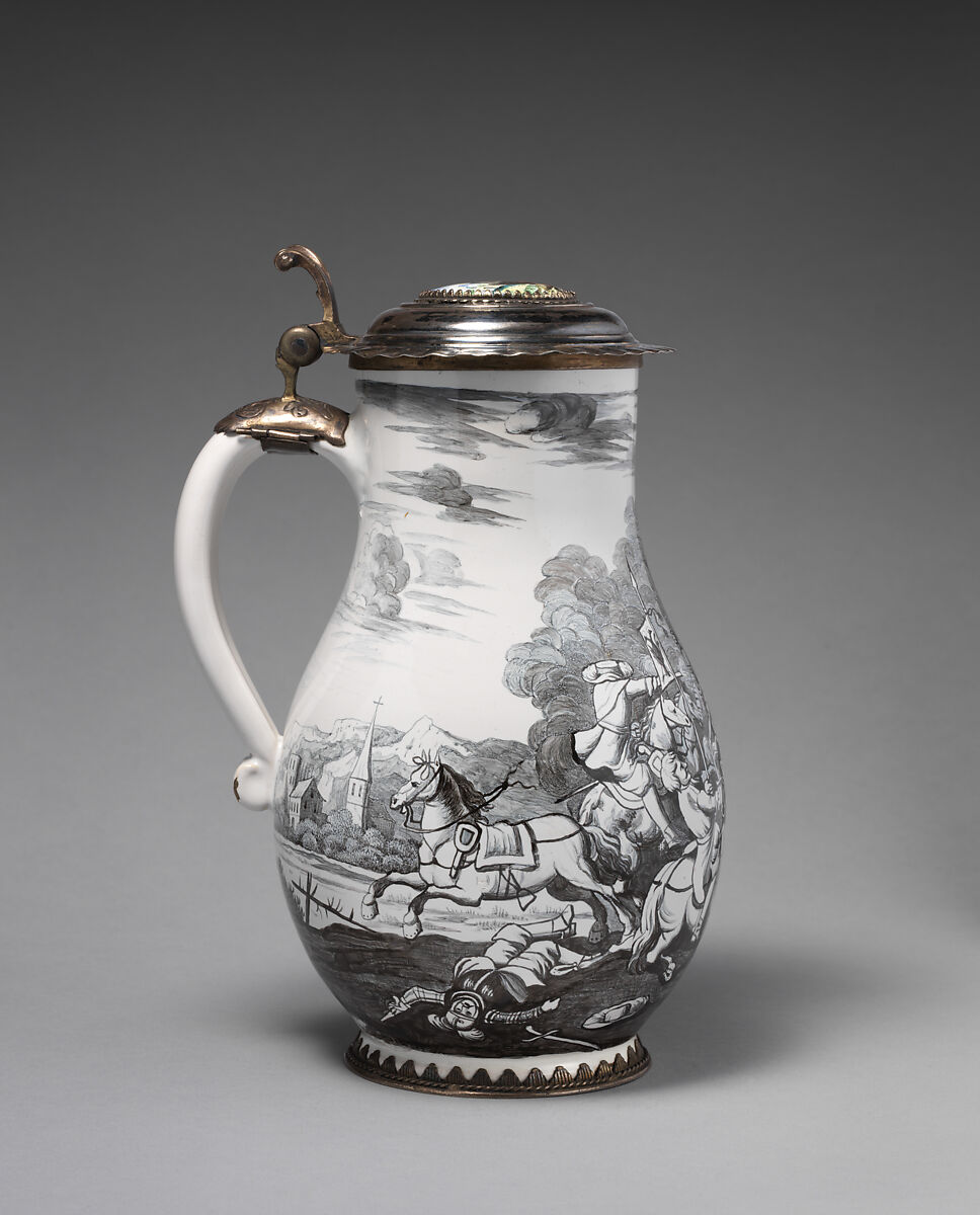 Jug with cavalry scene, Wölfgang Rössler (German, 1650–1717, active Nuremburg), Tin-glazed earthenware; gilded silver mounts, German, with Nuremburg decoration and Augsburg mounts