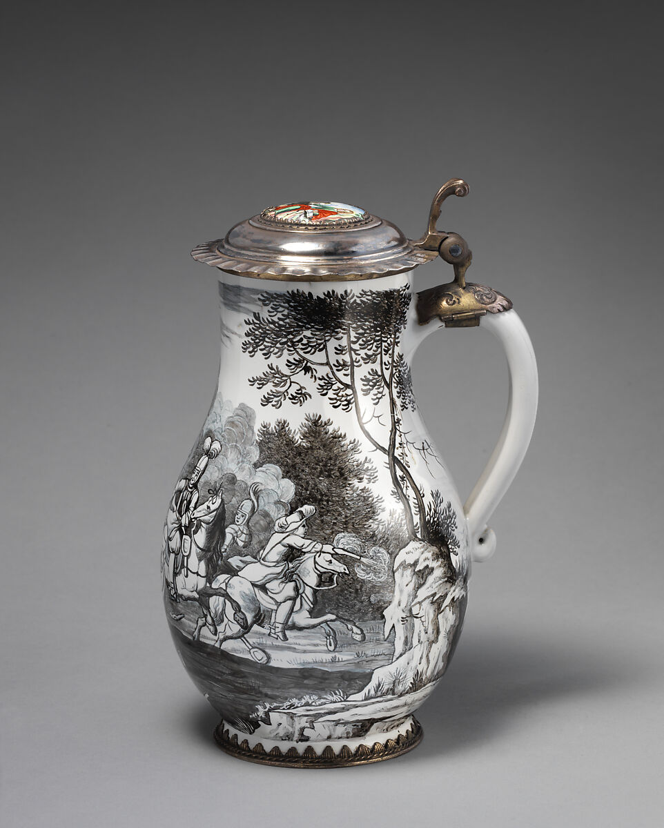 Jug with cavalry scene, Wölfgang Rössler (German, 1650–1717, active Nuremburg), Tin-glazed earthenware; gilded silver mounts, German, with Nuremburg decoration and Augsburg mounts