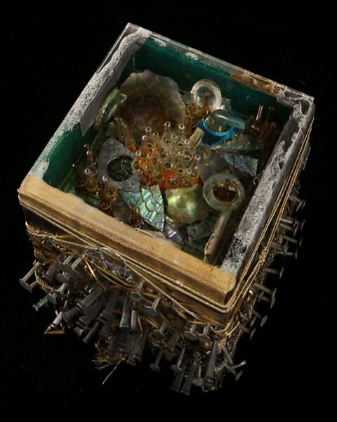 Glass Gardens Cask II; Tomb Jewel II, William Harper (American, born Bucyrus, Ohio, 1944), Wood, leather, glass, plastic, shell, specimen butterfly, mixed media metals, cord, gold 