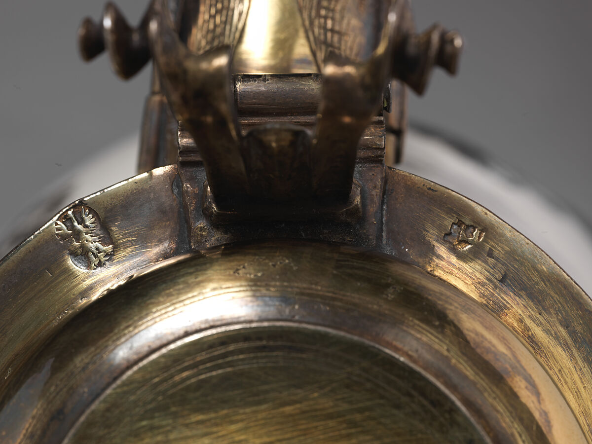 Jug with baptism of Christ, Wölfgang Rössler (German, 1650–1717, active Nuremburg), Tin-glazed earthenware; gilded silver mounts, German, Hanau or Frankfurt am Main ceramic with Nuremburg decoration and Frankfurt mounts