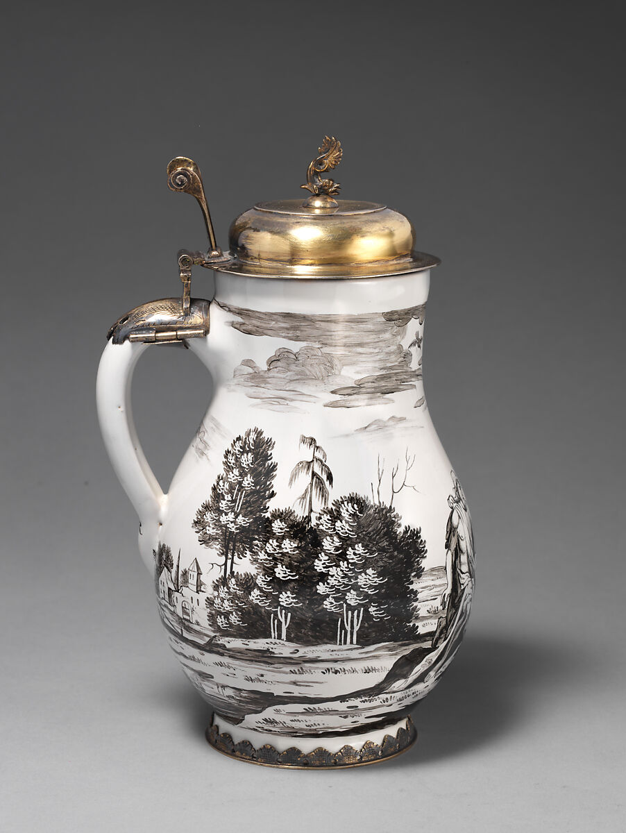 Jug with baptism of Christ, Wölfgang Rössler (German, 1650–1717, active Nuremburg), Tin-glazed earthenware; gilded silver mounts, German, Hanau or Frankfurt am Main ceramic with Nuremburg decoration and Frankfurt mounts