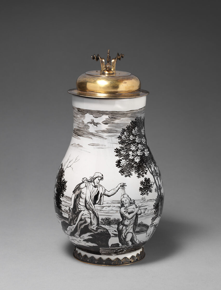 Jug with baptism of Christ, Wölfgang Rössler (German, 1650–1717, active Nuremburg), Tin-glazed earthenware; gilded silver mounts, German, Hanau or Frankfurt am Main ceramic with Nuremburg decoration and Frankfurt mounts 