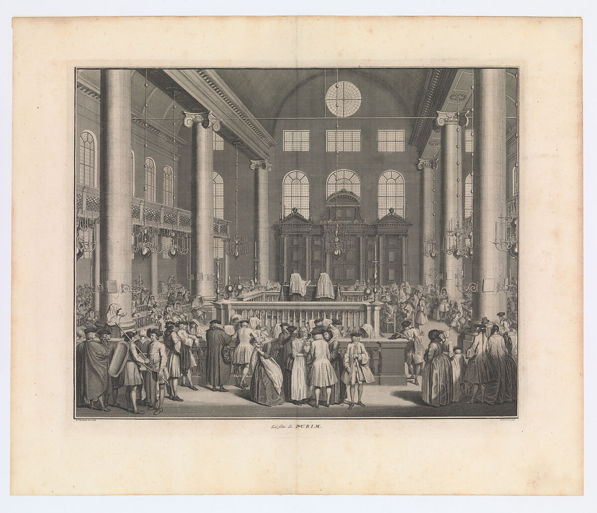The Festival of Purim (La fête de Purim); Interior of the Portuguese Synagogue in Amsterdam, Balthasar Bernaerts (Dutch, active 1710–37), Etching and engraving 