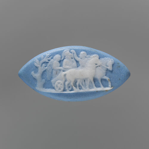 Helmeted and winged figures in two-horse chariot