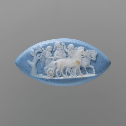 Helmeted and winged figures in two-horse chariot
