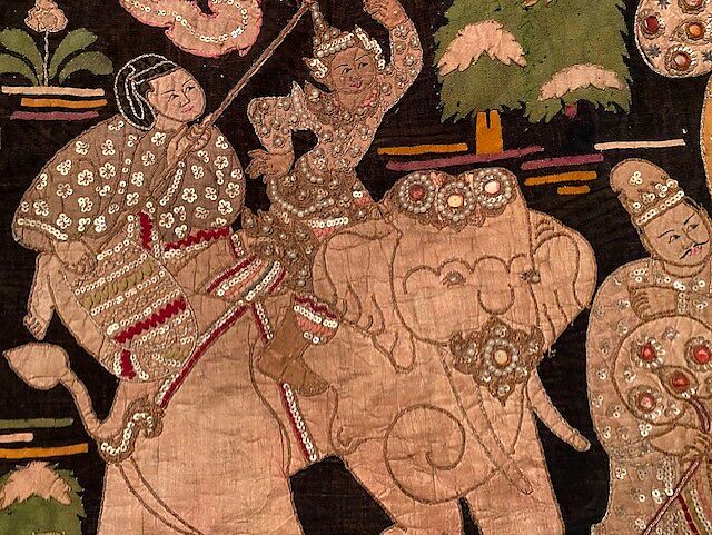 Scenes from the Thiri Rama, the Burmese adaptation of the Ramayana, U Paw Hnyun (Burmese, second half 19th century), Pictorial textile hanging (kalaga); appliqué and embroidery on velvet with applied sequins, glass seed pearls, gold-gilt and silver-gilt metal thread, Myanmar (Burma), Yangon or Mandalay
