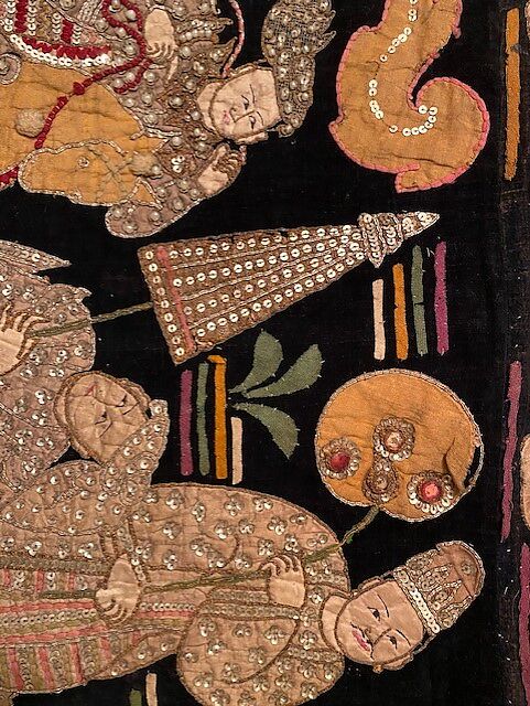 Scenes from the Thiri Rama, the Burmese adaptation of the Ramayana, U Paw Hnyun (Burmese, second half 19th century), Pictorial textile hanging (kalaga); appliqué and embroidery on velvet with applied sequins, glass seed pearls, gold-gilt and silver-gilt metal thread, Myanmar (Burma), Yangon or Mandalay
