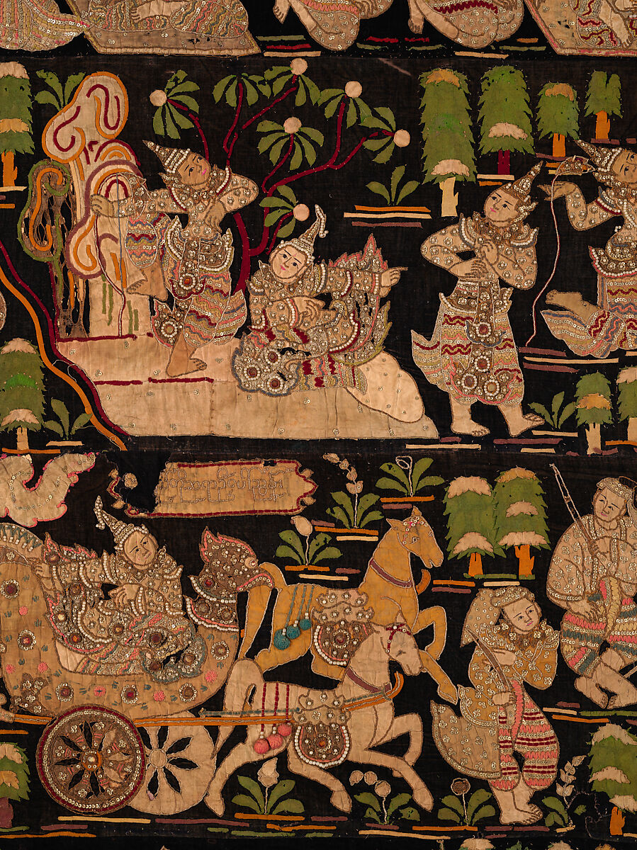 Scenes from the Thiri Rama, the Burmese adaptation of the Ramayana, U Paw Hnyun (Burmese, second half 19th century), Pictorial textile hanging (kalaga); appliqué and embroidery on velvet with applied sequins, glass seed pearls, gold-gilt and silver-gilt metal thread, Myanmar (Burma), Yangon or Mandalay