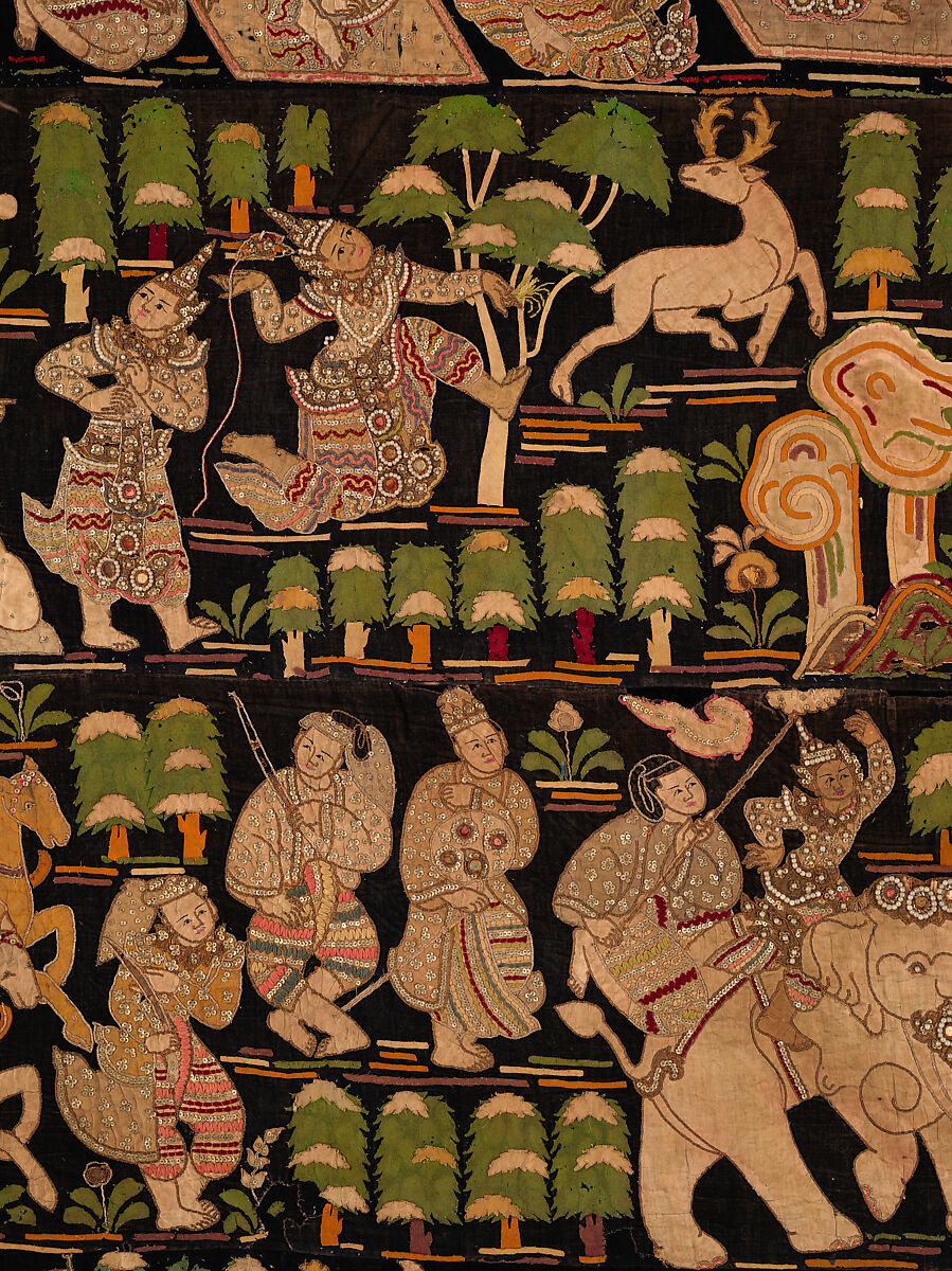 Scenes from the Thiri Rama, the Burmese adaptation of the Ramayana, U Paw Hnyun (Burmese, second half 19th century), Pictorial textile hanging (kalaga); appliqué and embroidery on velvet with applied sequins, glass seed pearls, gold-gilt and silver-gilt metal thread, Myanmar (Burma), Yangon or Mandalay