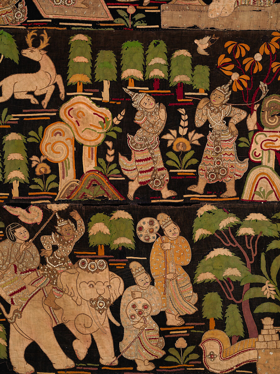 Scenes from the Thiri Rama, the Burmese adaptation of the Ramayana, U Paw Hnyun (Burmese, second half 19th century), Pictorial textile hanging (kalaga); appliqué and embroidery on velvet with applied sequins, glass seed pearls, gold-gilt and silver-gilt metal thread, Myanmar (Burma), Yangon or Mandalay