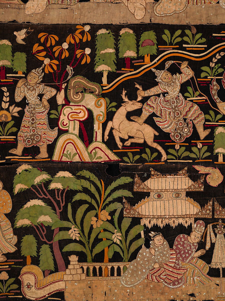 Scenes from the Thiri Rama, the Burmese adaptation of the Ramayana, U Paw Hnyun (Burmese, second half 19th century), Pictorial textile hanging (kalaga); appliqué and embroidery on velvet with applied sequins, glass seed pearls, gold-gilt and silver-gilt metal thread, Myanmar (Burma), Yangon or Mandalay
