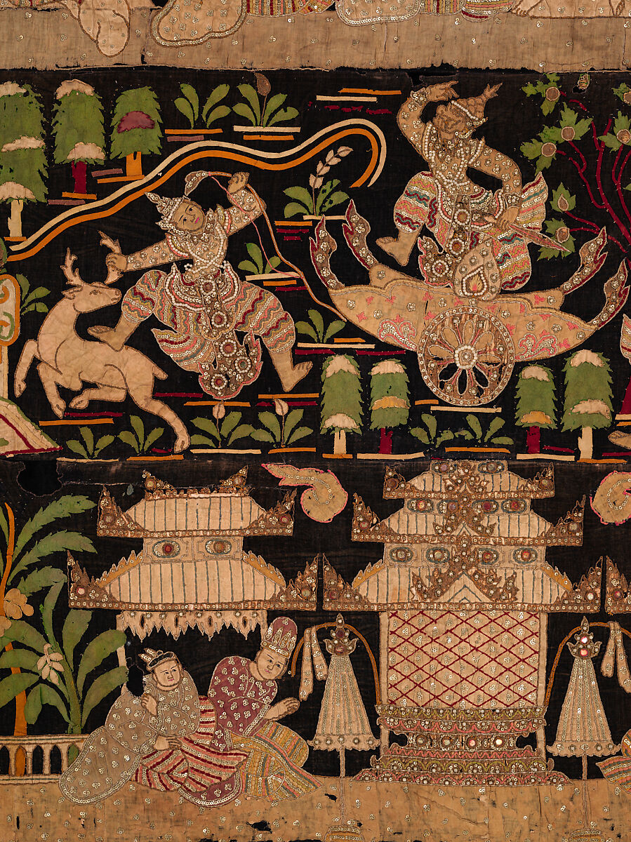 Scenes from the Thiri Rama, the Burmese adaptation of the Ramayana, U Paw Hnyun (Burmese, second half 19th century), Pictorial textile hanging (kalaga); appliqué and embroidery on velvet with applied sequins, glass seed pearls, gold-gilt and silver-gilt metal thread, Myanmar (Burma), Yangon or Mandalay