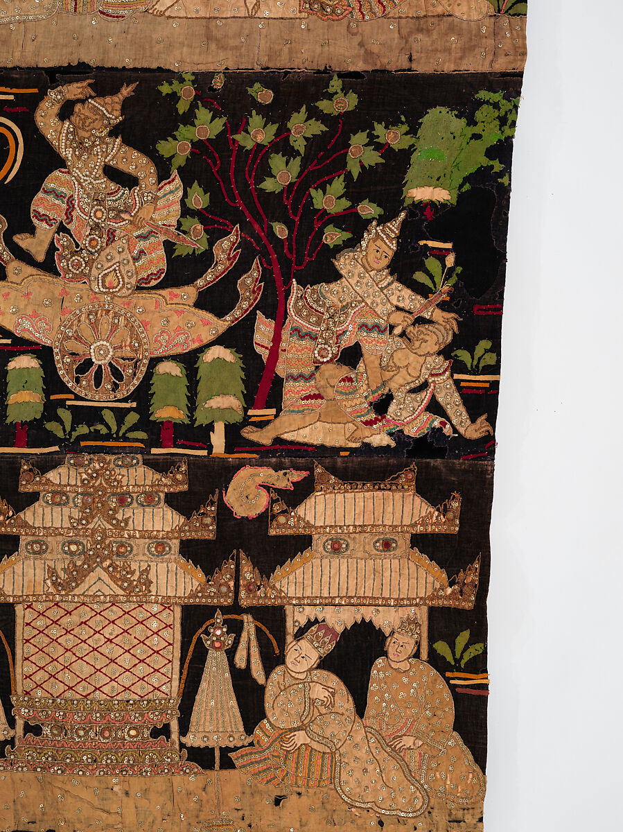 Scenes from the Thiri Rama, the Burmese adaptation of the Ramayana, U Paw Hnyun (Burmese, second half 19th century), Pictorial textile hanging (kalaga); appliqué and embroidery on velvet with applied sequins, glass seed pearls, gold-gilt and silver-gilt metal thread, Myanmar (Burma), Yangon or Mandalay