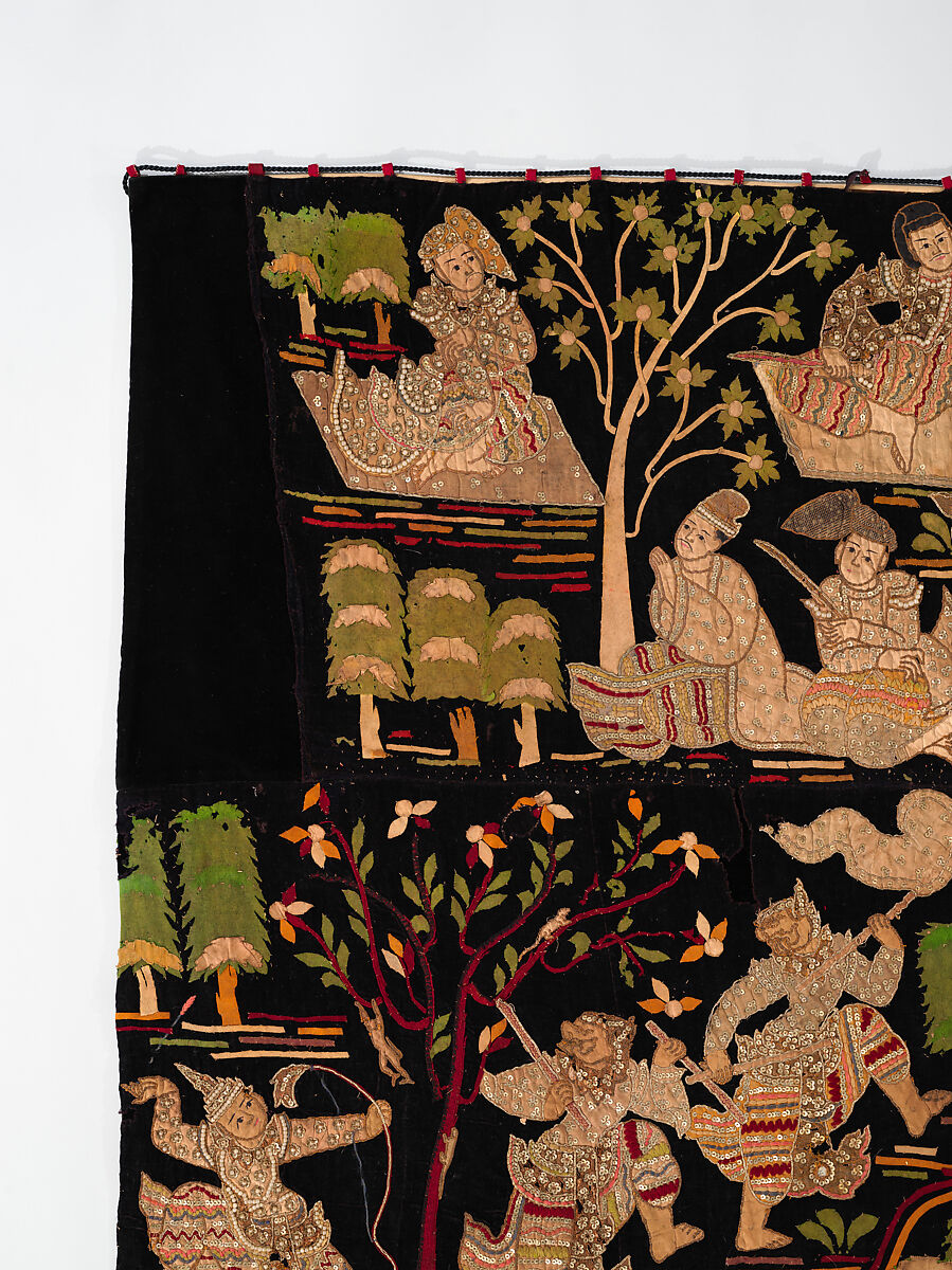 Scenes from the Thiri Rama, the Burmese adaptation of the Ramayana, U Paw Hnyun (Burmese, second half 19th century), Pictorial textile hanging (kalaga); appliqué and embroidery on velvet with applied sequins, glass seed pearls, gold-gilt and silver-gilt metal thread, Myanmar (Burma), Yangon or Mandalay