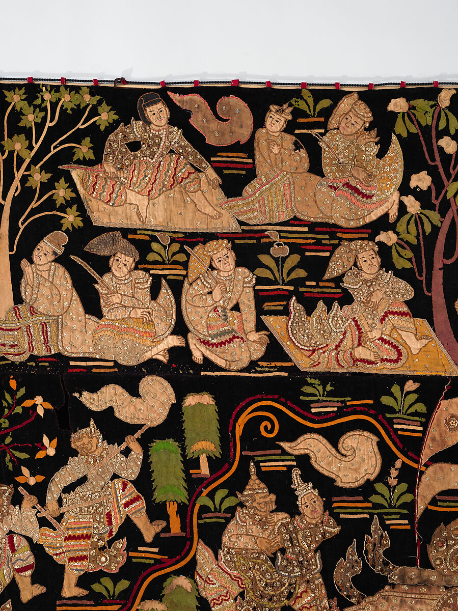 Scenes from the Thiri Rama, the Burmese adaptation of the Ramayana, U Paw Hnyun (Burmese, second half 19th century), Pictorial textile hanging (kalaga); appliqué and embroidery on velvet with applied sequins, glass seed pearls, gold-gilt and silver-gilt metal thread, Myanmar (Burma), Yangon or Mandalay