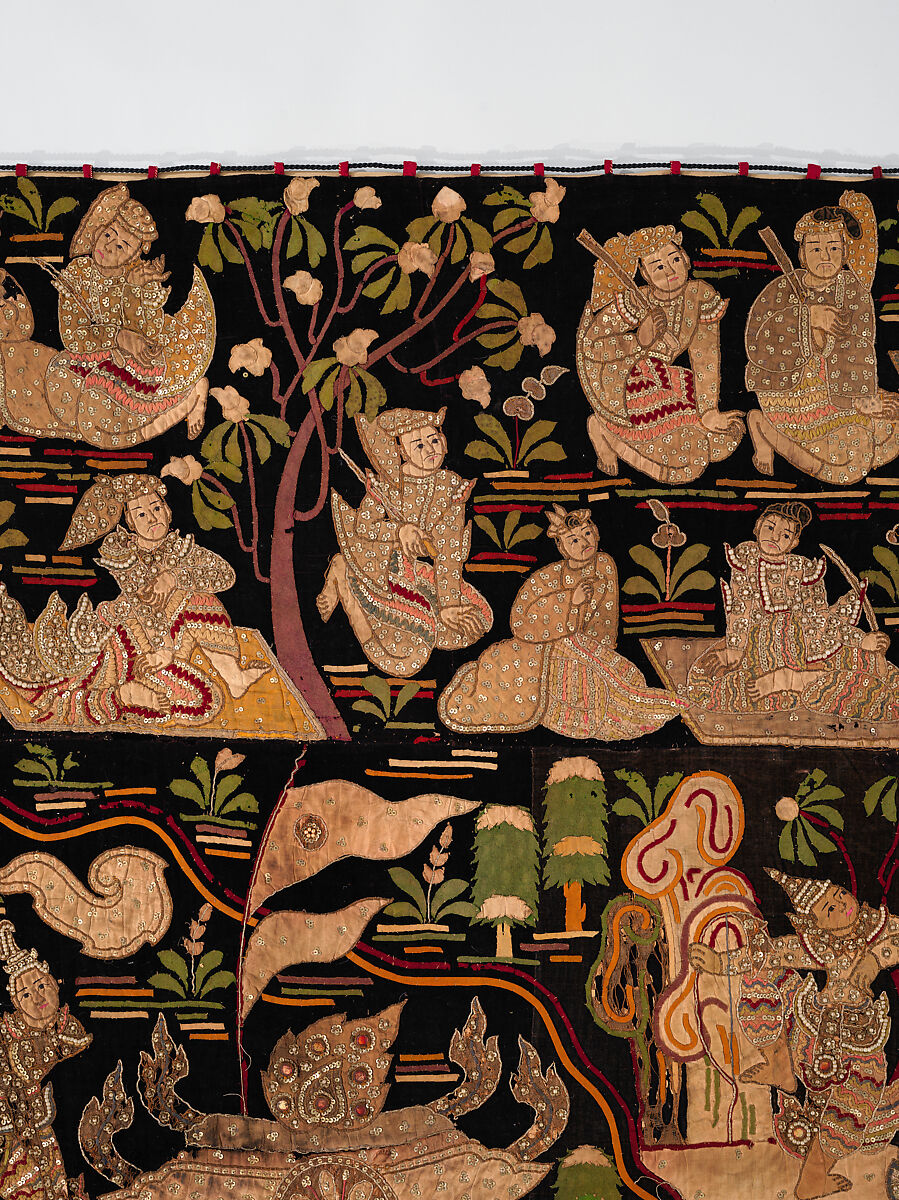 Scenes from the Thiri Rama, the Burmese adaptation of the Ramayana, U Paw Hnyun (Burmese, second half 19th century), Pictorial textile hanging (kalaga); appliqué and embroidery on velvet with applied sequins, glass seed pearls, gold-gilt and silver-gilt metal thread, Myanmar (Burma), Yangon or Mandalay