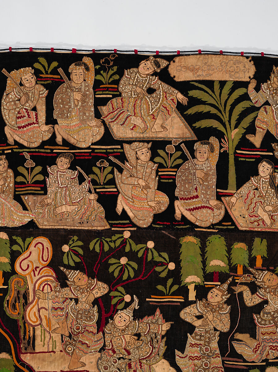 Scenes from the Thiri Rama, the Burmese adaptation of the Ramayana, U Paw Hnyun (Burmese, second half 19th century), Pictorial textile hanging (kalaga); appliqué and embroidery on velvet with applied sequins, glass seed pearls, gold-gilt and silver-gilt metal thread, Myanmar (Burma), Yangon or Mandalay