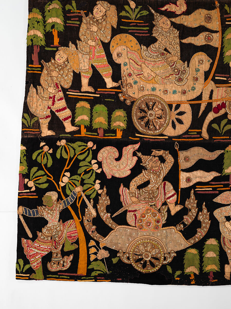 Scenes from the Thiri Rama, the Burmese adaptation of the Ramayana, U Paw Hnyun (Burmese, second half 19th century), Pictorial textile hanging (kalaga); appliqué and embroidery on velvet with applied sequins, glass seed pearls, gold-gilt and silver-gilt metal thread, Myanmar (Burma), Yangon or Mandalay