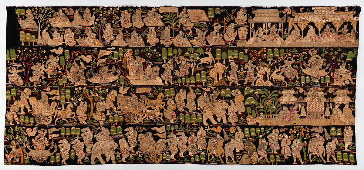 Scenes from the Thiri Rama, the Burmese adaptation of the Ramayana, U Paw Hnyun (Burmese, second half 19th century), Pictorial textile hanging (kalaga); appliqué and embroidery on velvet with applied sequins, glass seed pearls, gold-gilt and silver-gilt metal thread, Myanmar (Burma), Yangon or Mandalay 