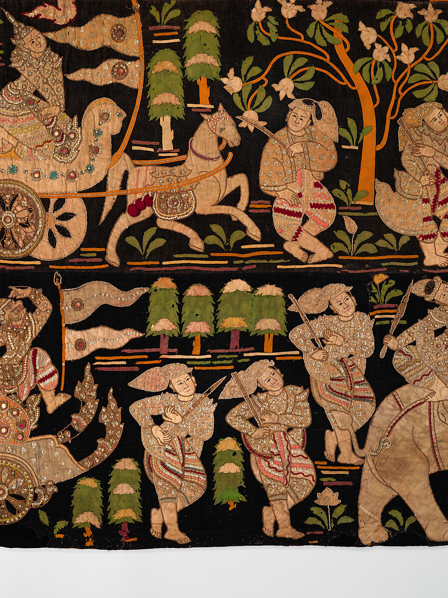 Scenes from the Thiri Rama, the Burmese adaptation of the Ramayana, U Paw Hnyun (Burmese, second half 19th century), Pictorial textile hanging (kalaga); appliqué and embroidery on velvet with applied sequins, glass seed pearls, gold-gilt and silver-gilt metal thread, Myanmar (Burma), Yangon or Mandalay