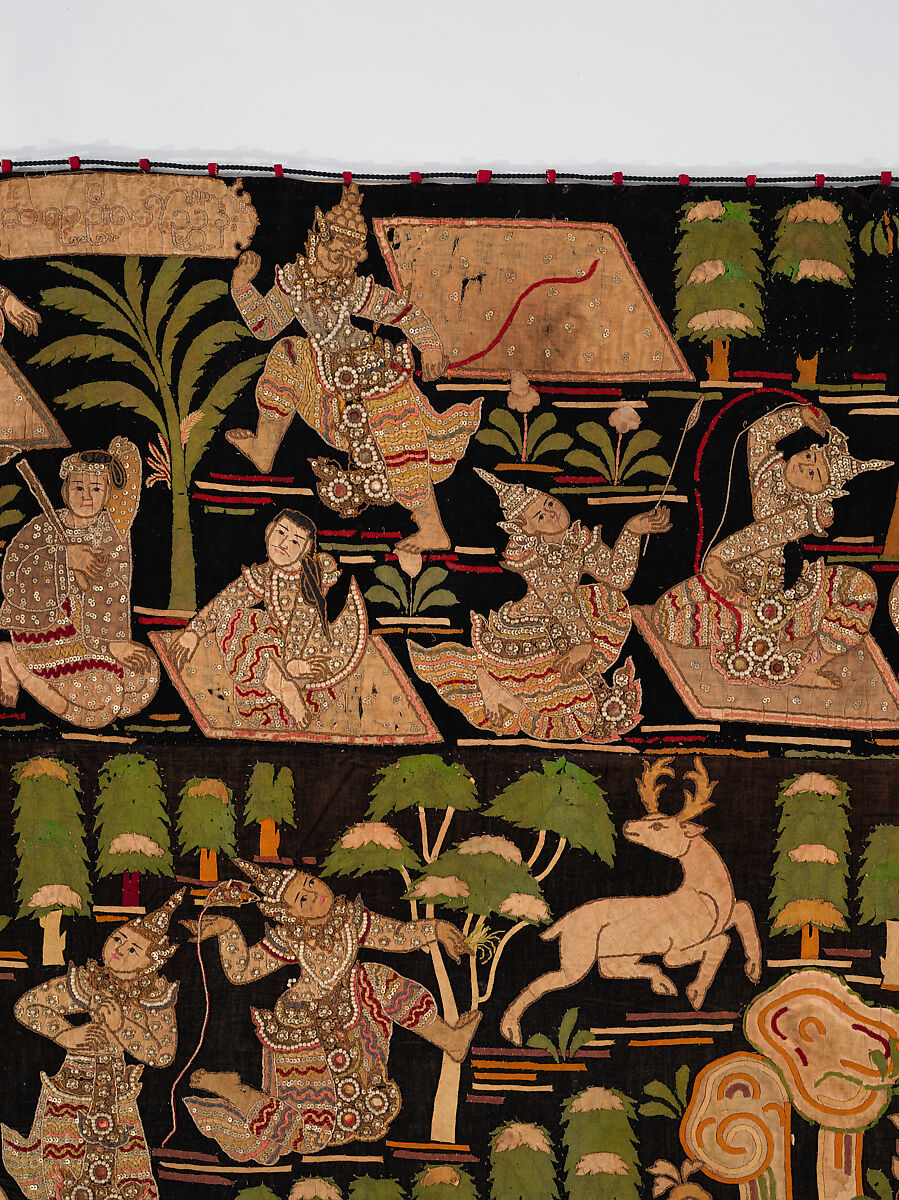 Scenes from the Thiri Rama, the Burmese adaptation of the Ramayana, U Paw Hnyun (Burmese, second half 19th century), Pictorial textile hanging (kalaga); appliqué and embroidery on velvet with applied sequins, glass seed pearls, gold-gilt and silver-gilt metal thread, Myanmar (Burma), Yangon or Mandalay