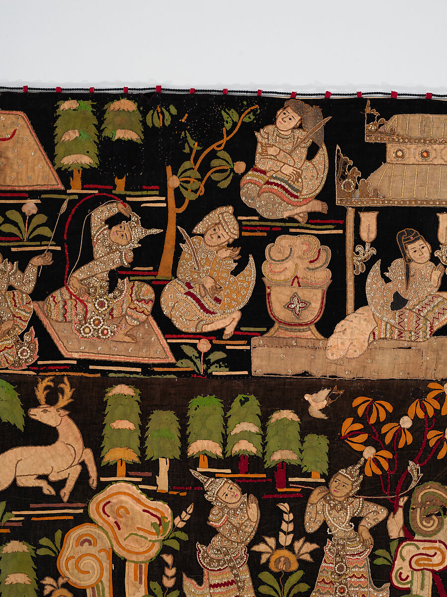 Scenes from the Thiri Rama, the Burmese adaptation of the Ramayana, U Paw Hnyun (Burmese, second half 19th century), Pictorial textile hanging (kalaga); appliqué and embroidery on velvet with applied sequins, glass seed pearls, gold-gilt and silver-gilt metal thread, Myanmar (Burma), Yangon or Mandalay