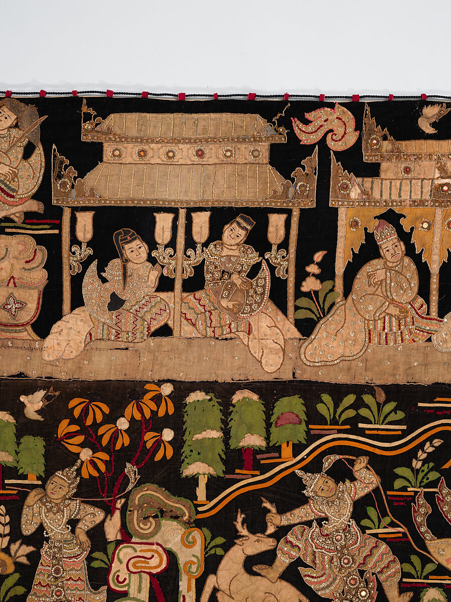 Scenes from the Thiri Rama, the Burmese adaptation of the Ramayana, U Paw Hnyun (Burmese, second half 19th century), Pictorial textile hanging (kalaga); appliqué and embroidery on velvet with applied sequins, glass seed pearls, gold-gilt and silver-gilt metal thread, Myanmar (Burma), Yangon or Mandalay